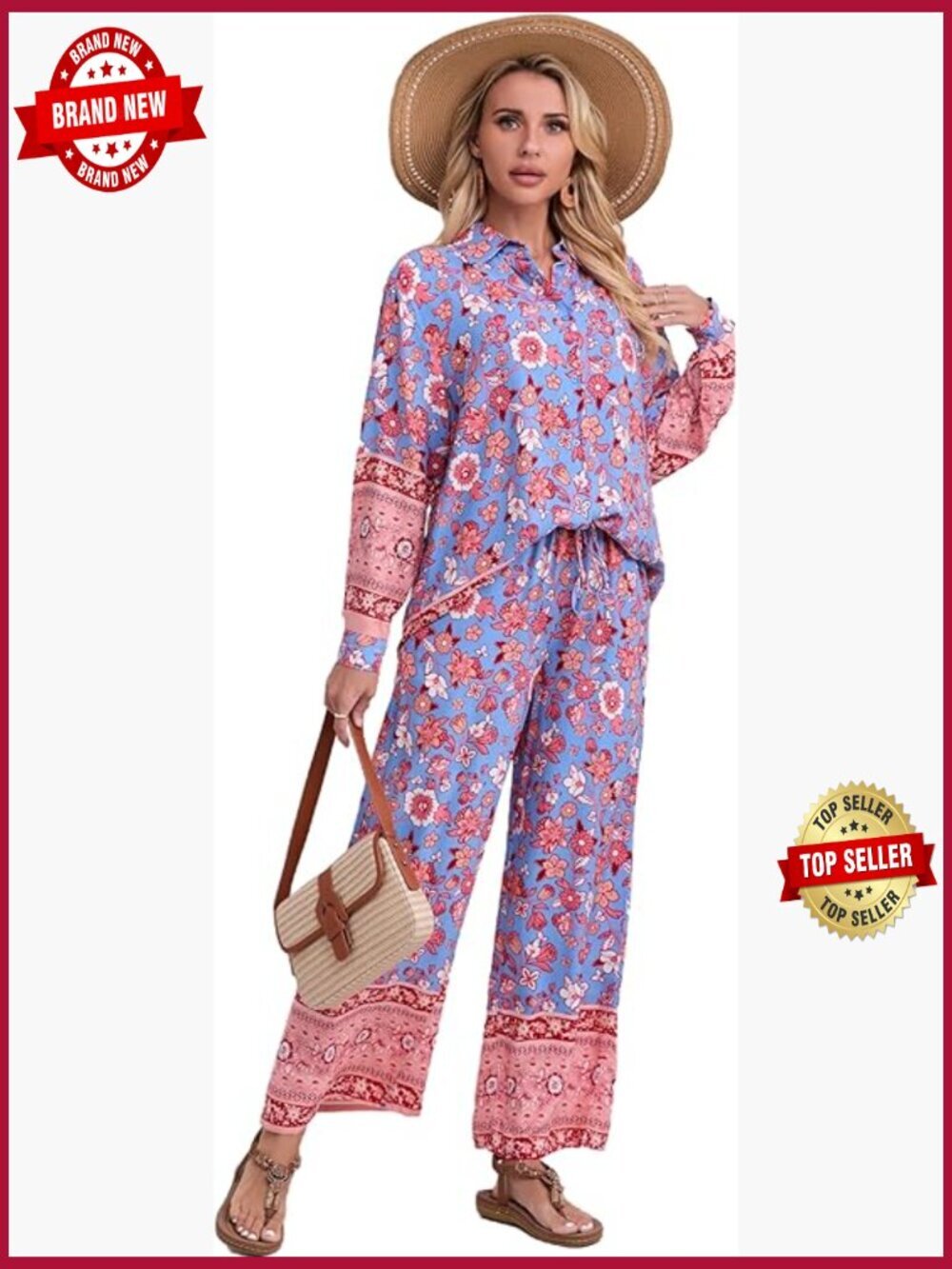 Boho 2 Piece Set Button Down Shirt Wide Leg Pants Outfit